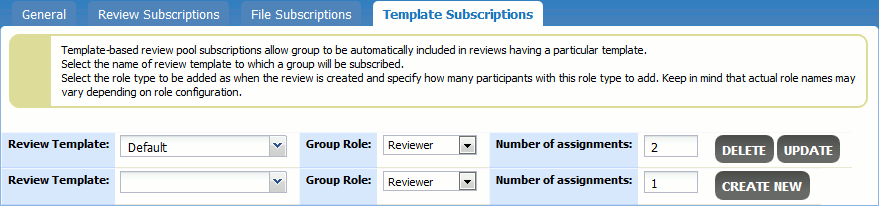 The Template Subscriptions screen