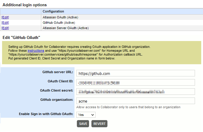 The GitHub OAuth settings page
