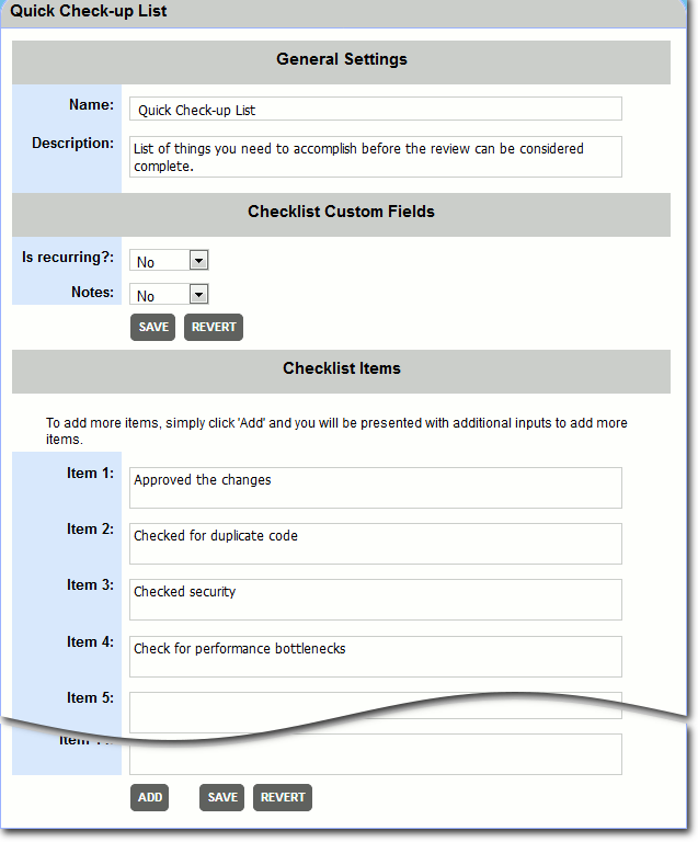 Checklist settings