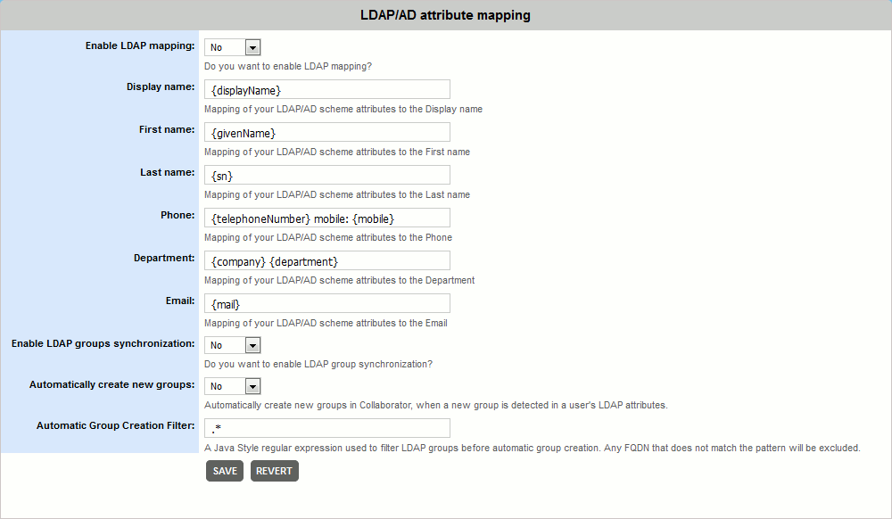 The LDAP Attribute Mapping form