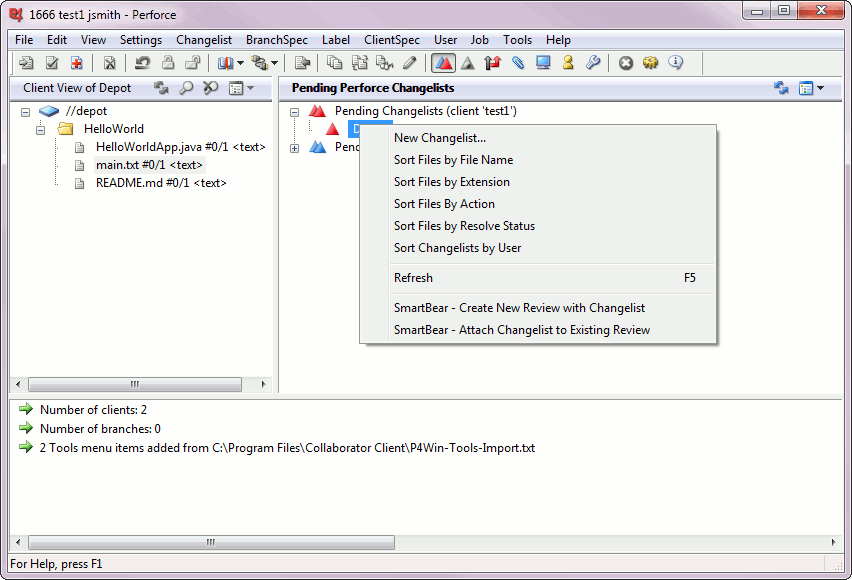 Adding pending changelist in P4Win client