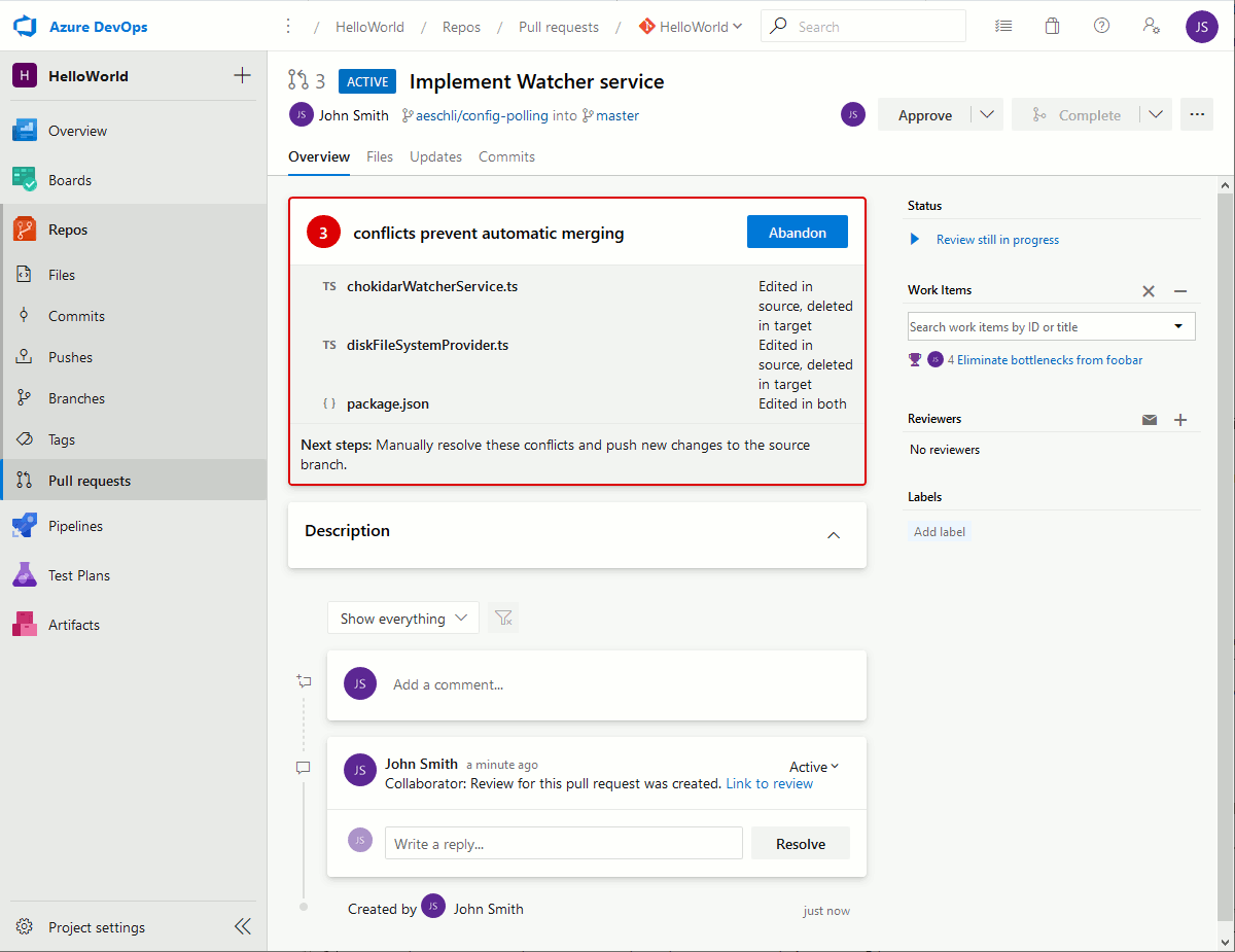 An example of pull request in a Azure DevOps Git repository