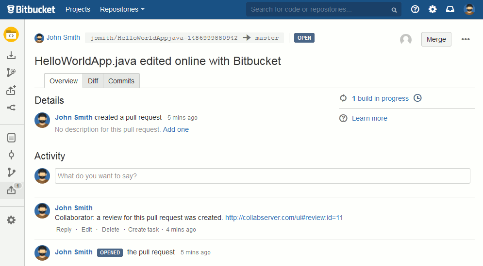 An example of pull request in a Bitbucket Server repository