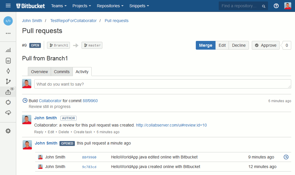 An example of pull request in a Bitbucket repository