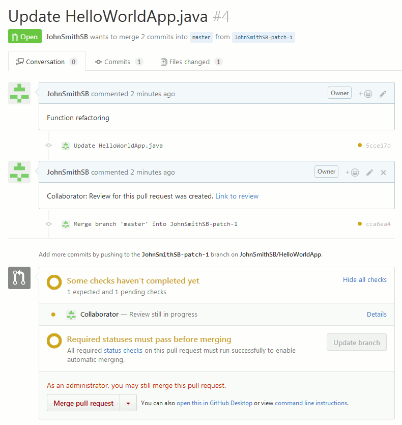 An example of pull request in a GitHub repository