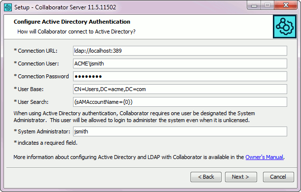 The Configure Active Directory Authentication wizard page
