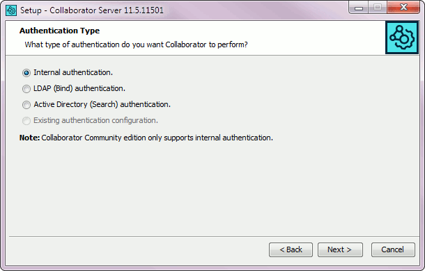 Installation wizard: The authentication configuration screen