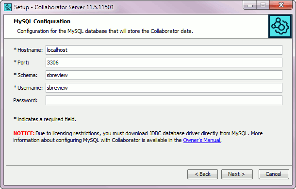 Installation wizard: The database connection configuration screen