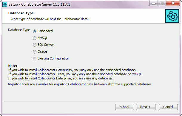 Installation wizard: The database selection screen