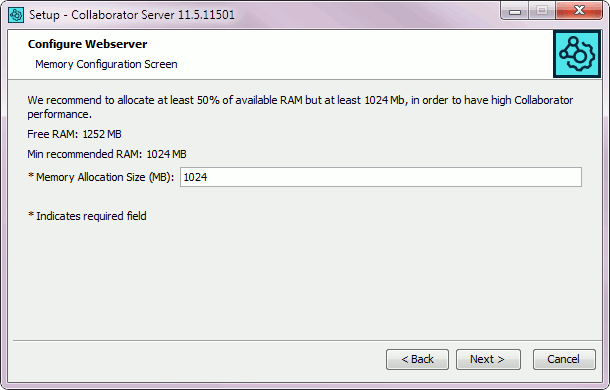 Installation wizard: The memory configuration screen