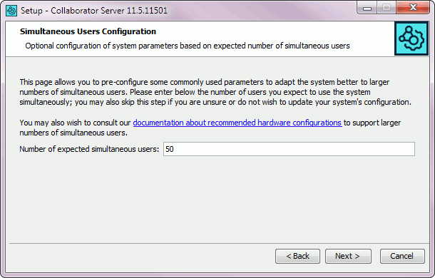 Installation wizard: The simultaneous users configuration screen