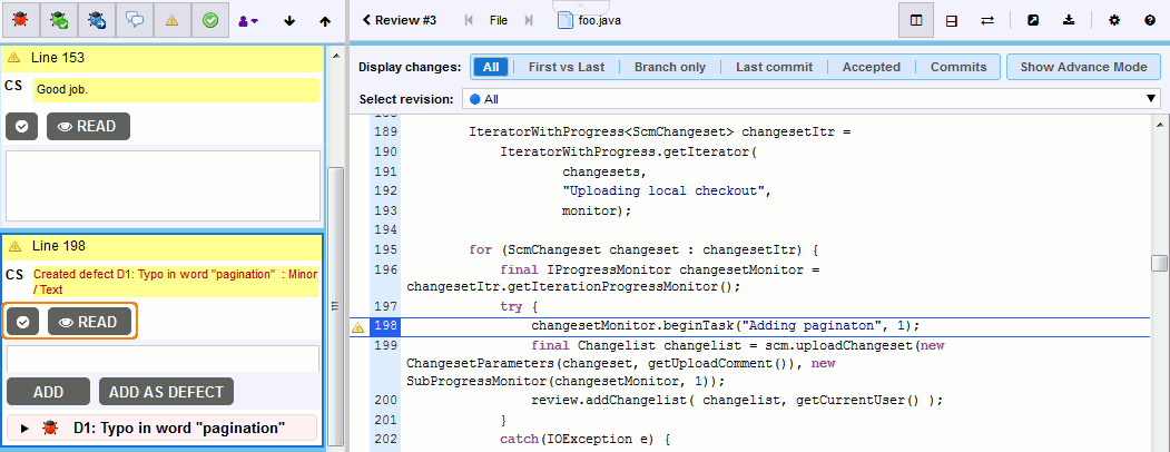 Viewing information about a defect in Diff Viewer