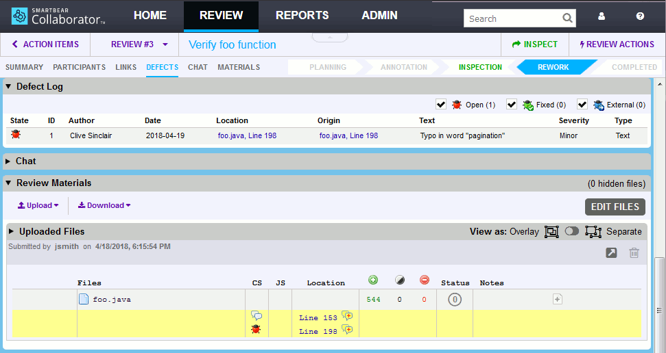 Defect Log and Review Materials sections