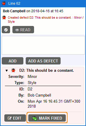 Marking a defect as fixed