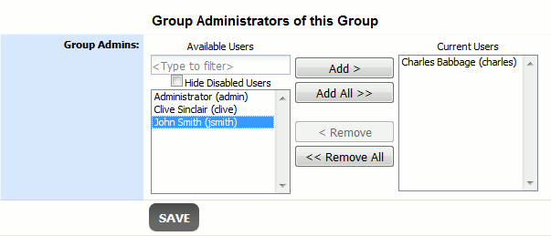 The Group Administrators list The Group Administrators list