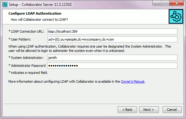 The Configure LDAP Authentication wizard page