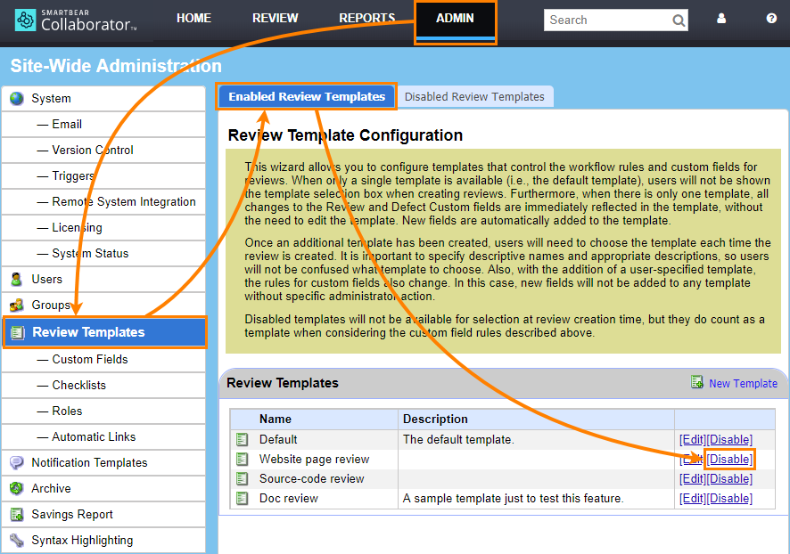 Disable a review template Disable a review template