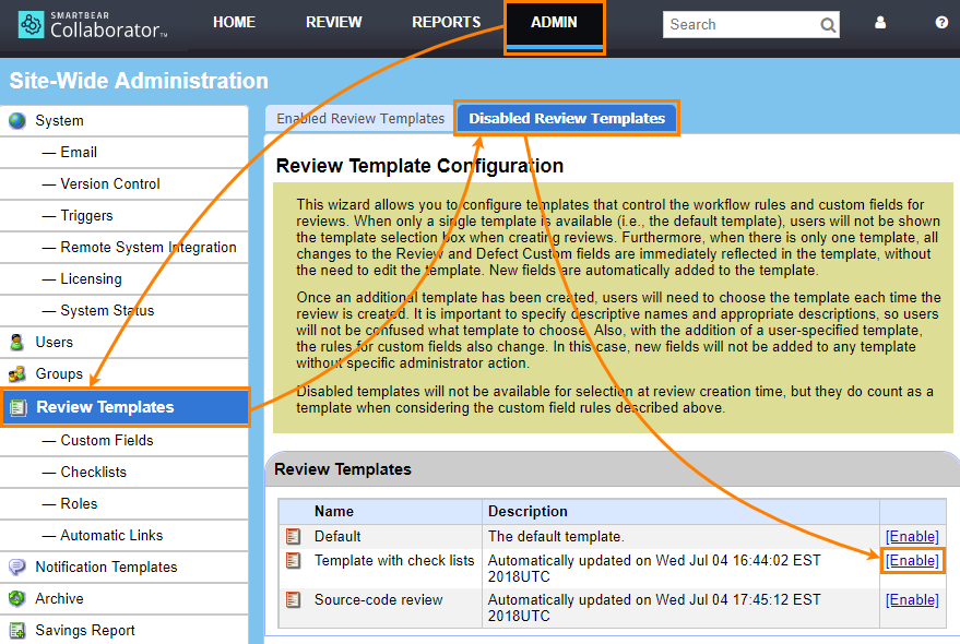 Enable a review template Enable a review template