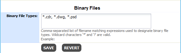 The Binary Files section in File Types
