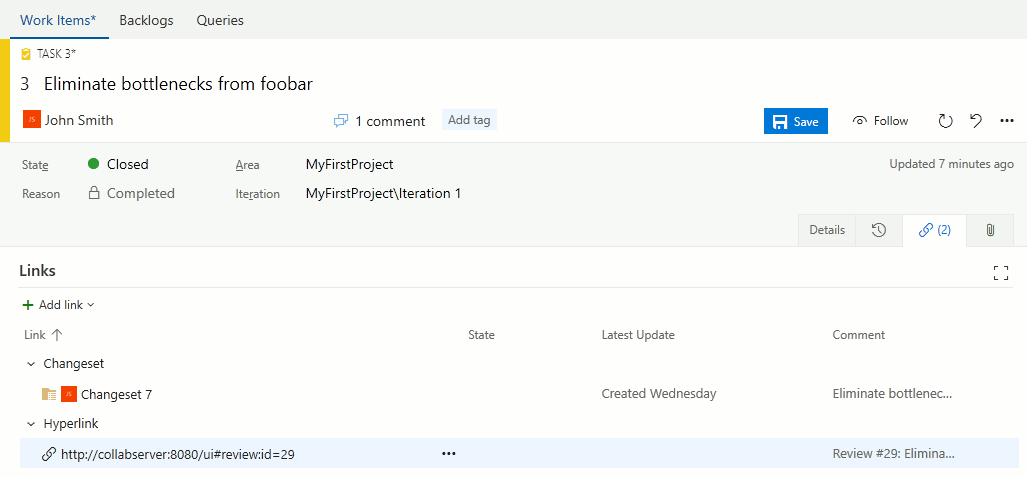  Team Foundation Server work item with link to review