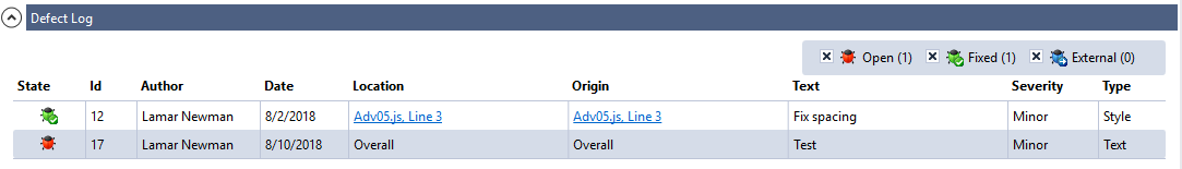Defect Log section in Visual Studio Extension Defect Log section in Visual Studio Extension