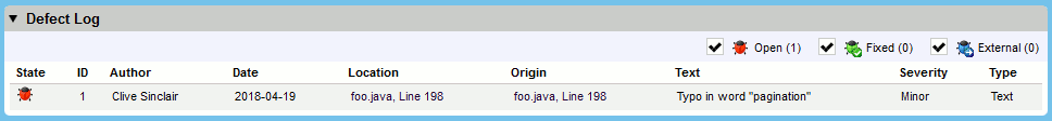 Defect Log section in Web Client Defect Log section in Web Client