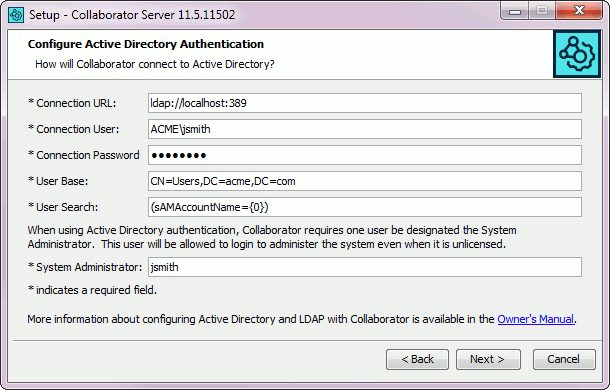 The Configure Active Directory Authentication wizard page The Configure Active Directory Authentication wizard page