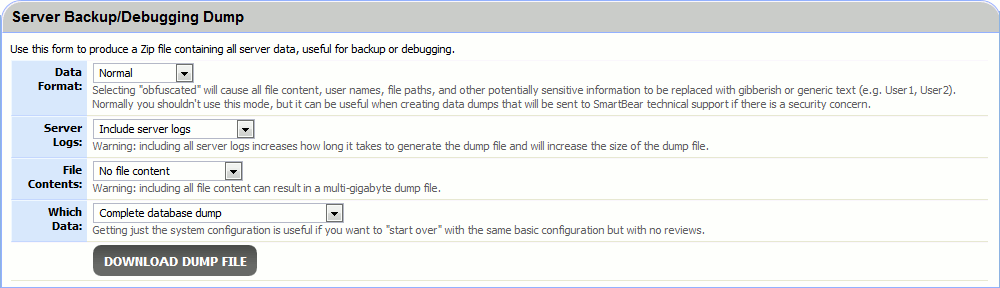 The Server Dump form The Server Dump form