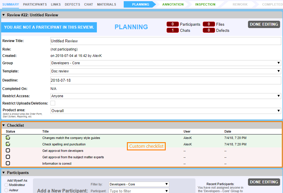 Checklists on the review screen Checklists on the review screen