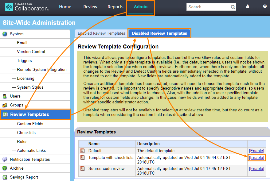Enable a review template Enable a review template
