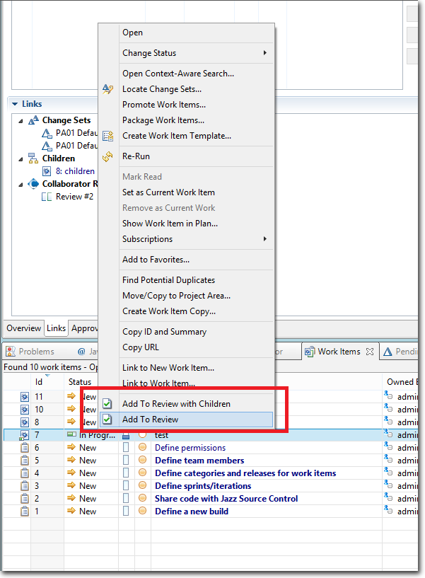 Creating a review from the Work Items context menu