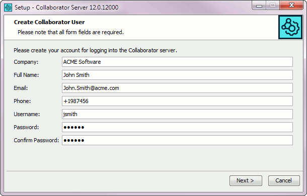 Installation wizard: Creating a user
