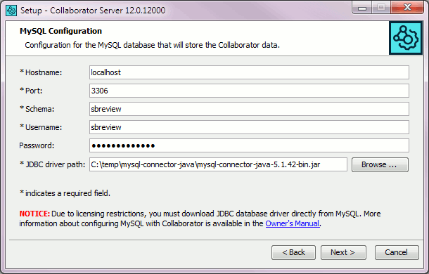 Installation wizard: The database connection configuration screen