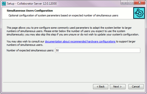 Installation wizard: The simultaneous users configuration screen