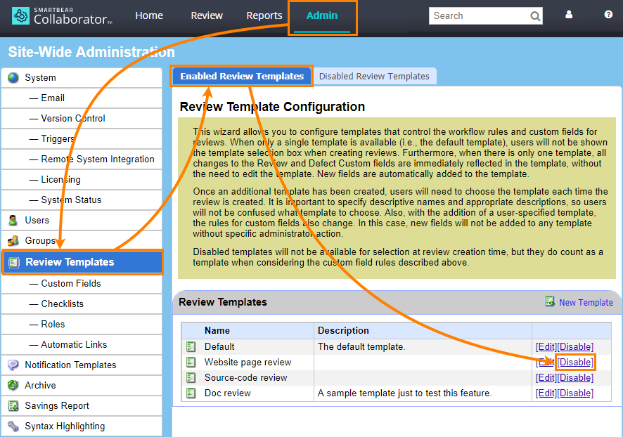 Disable a review template Disable a review template