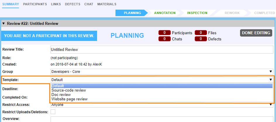 Applying a review template Applying a review template