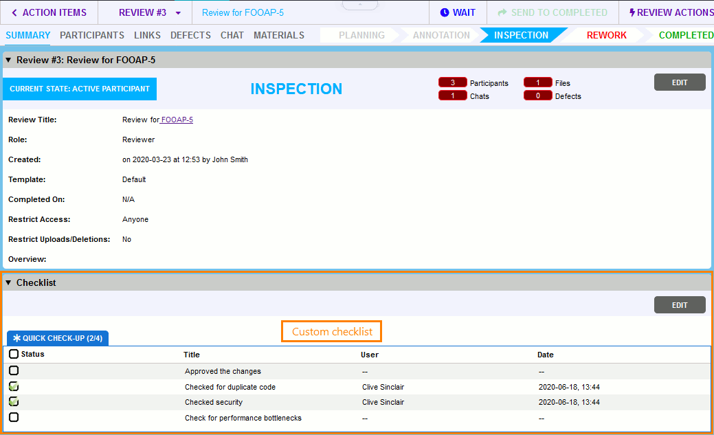 Checklists on the review screen Checklists on the review screen
