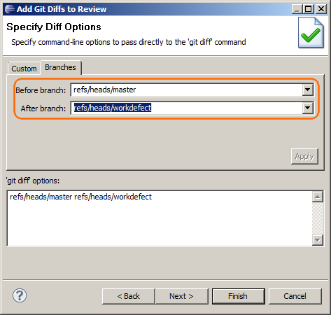 Adding files from different Git branches: Specifying the branches