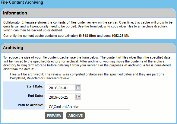 The Archive section of the administrator interface