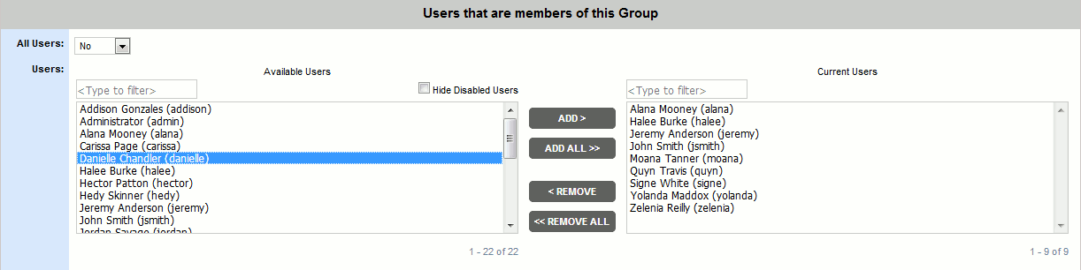 The Users list