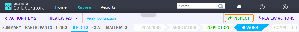 Inspect button in header of Review Screen