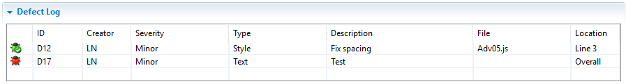 Defect Log section in Eclipse Plug-in Defect Log section in Eclipse Plug-in
