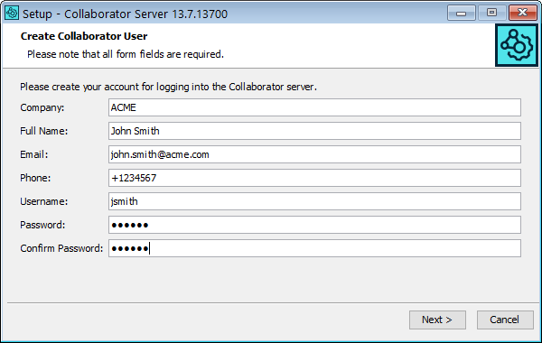Installation wizard: Creating a user
