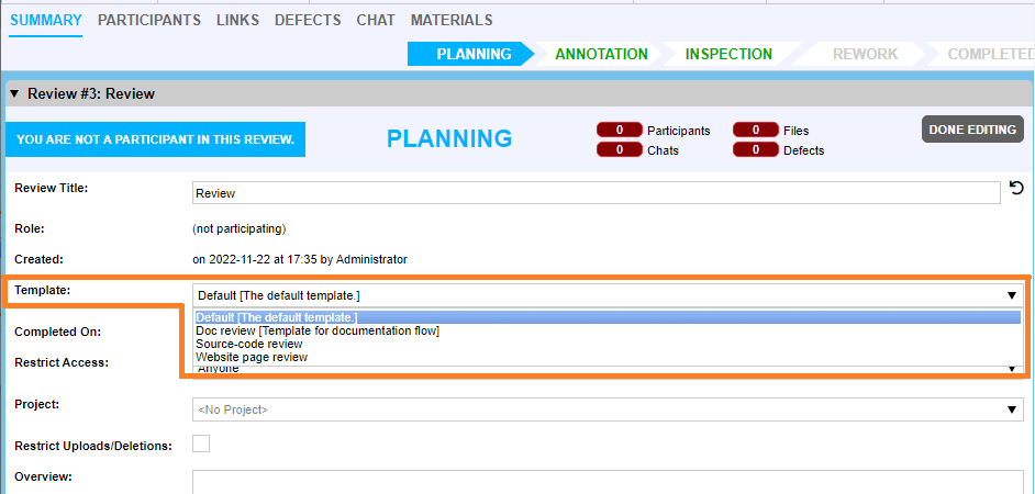 Applying a review template Applying a review template