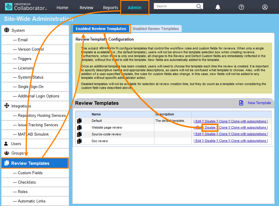 Disable a review template Disable a review template