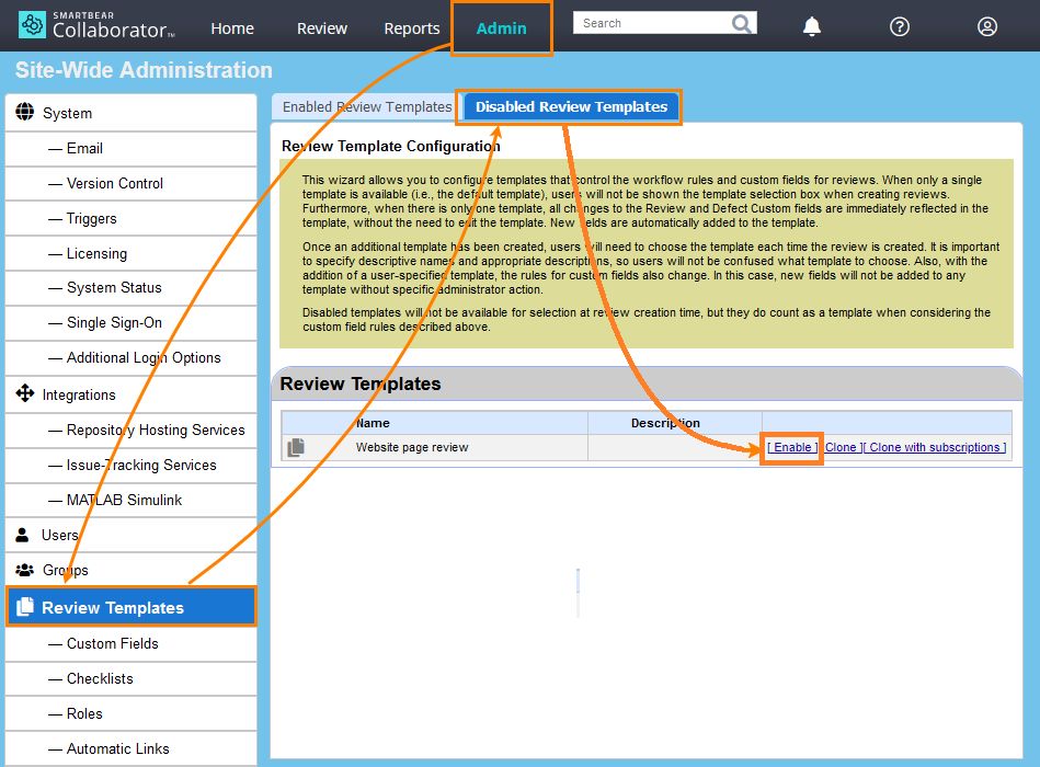 Enable a review template Enable a review template