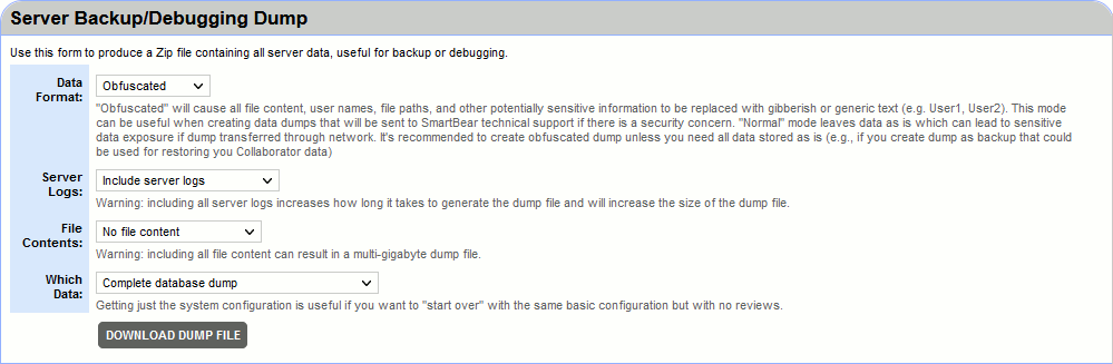 The Server Backup/Debugging dump tab The Server Backup/Debugging dump tab