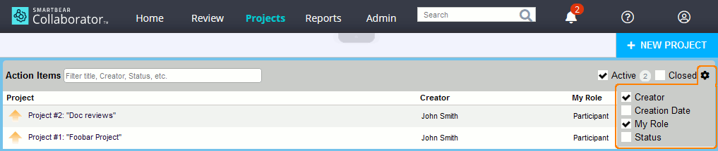 Configure Projects panel