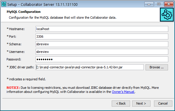 Installation wizard: The database connection configuration screen Installation wizard: The database connection configuration screen