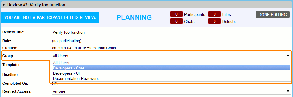 Group selection in the Edit review form Group selection in the Edit review form